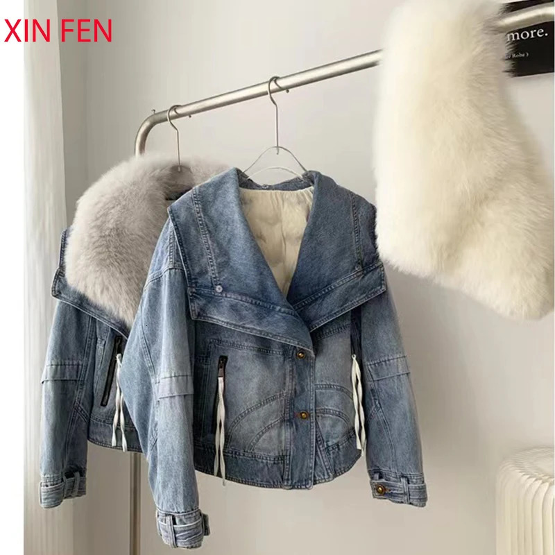2023 s Fashion Denim Goose Down Big Fur Collar Detachable Filling Lnner Lining High End Jacket 241115