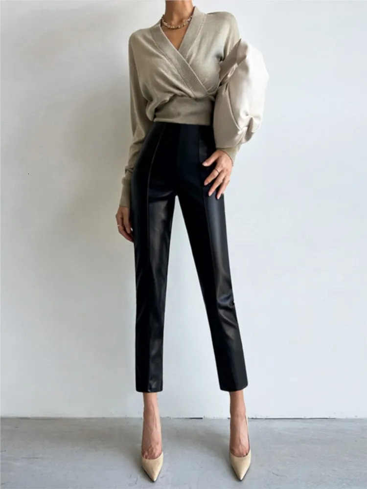 PU autumn and winter leather pencil pants for womens body fashion office high waisted Trouser casual 241115