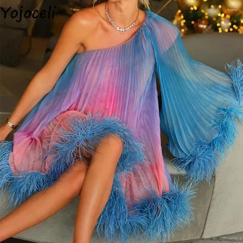 Casual Dresses Yojoceli Sexy One Shoulder Pleated Women Feather Dress Summer Female Party Short Loose Beach Gradient Fashion