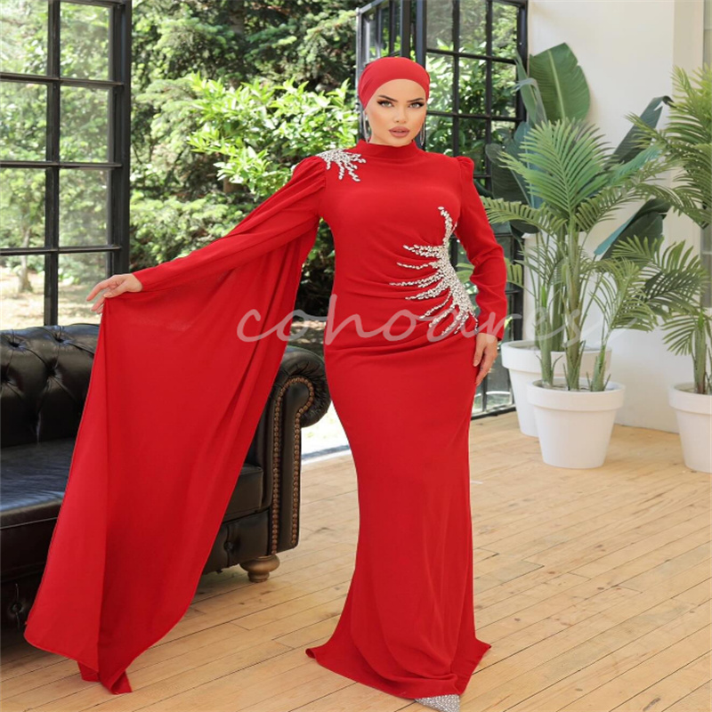 Islamic Muslim Red Evening Dresses Kaftan Moroccan Arabian Prom Dress With Crystal Mermaid Formal Ceremony Party Gown Dubai Abaya Vestio De Novias rob