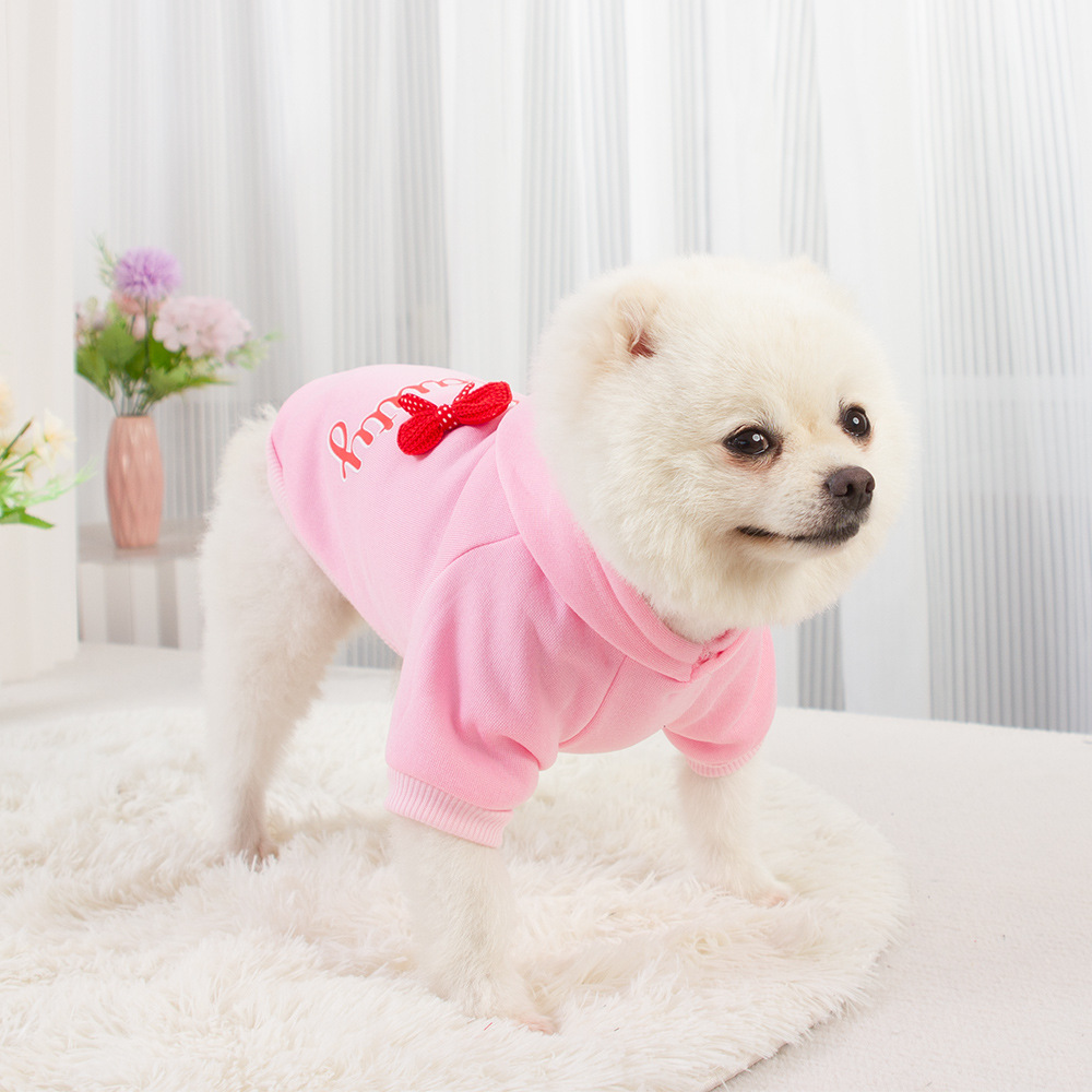 Pink Bowknot Dog Cotton Hoodie Fleece Lined Beauty Printing Designer Dog Hoodie Shirt with Leash Hole