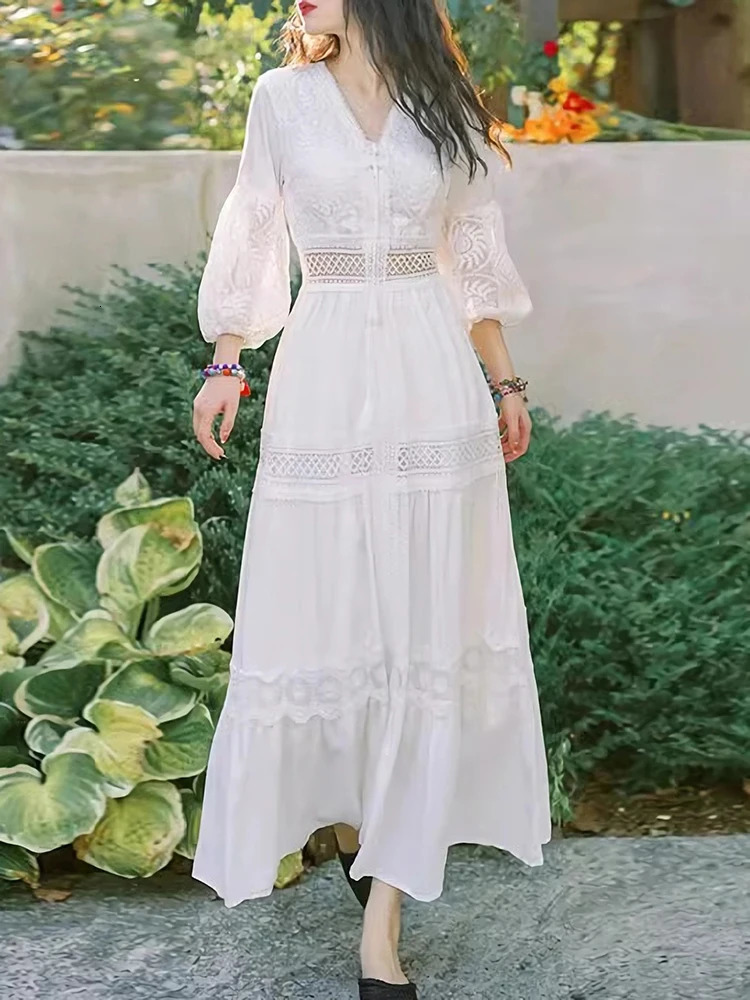 Summer Women Long Dress Vintage White Boho Lace Dresses Female Hollow Out Ladies Elegant Loose Beach Holiday Vestidos 240415
