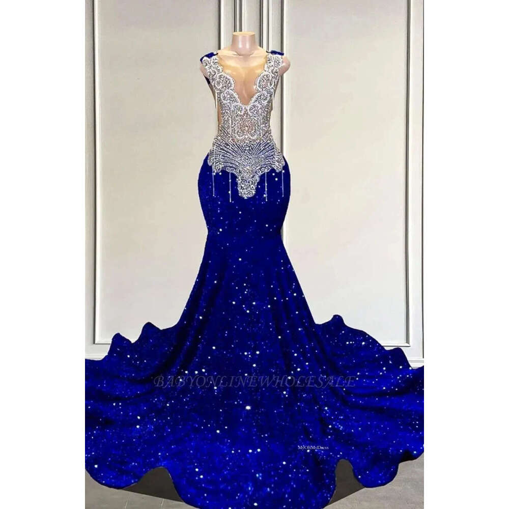 Sexy Royal Blue Mermaid Prom Dresses Bg Sequins Beadings Crystals Sheer Deep V Neck Evening Gowns Formal Vestidos For Black Girls Graduation Party Cus