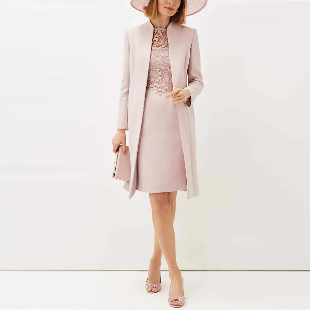Elegant Blush Pink Mother of the Bride Dresses Suits Long Sleeves Jacket Sheath Knee Length Wedding Guest Gowns Lace Appliques Women Prom Party Dress 