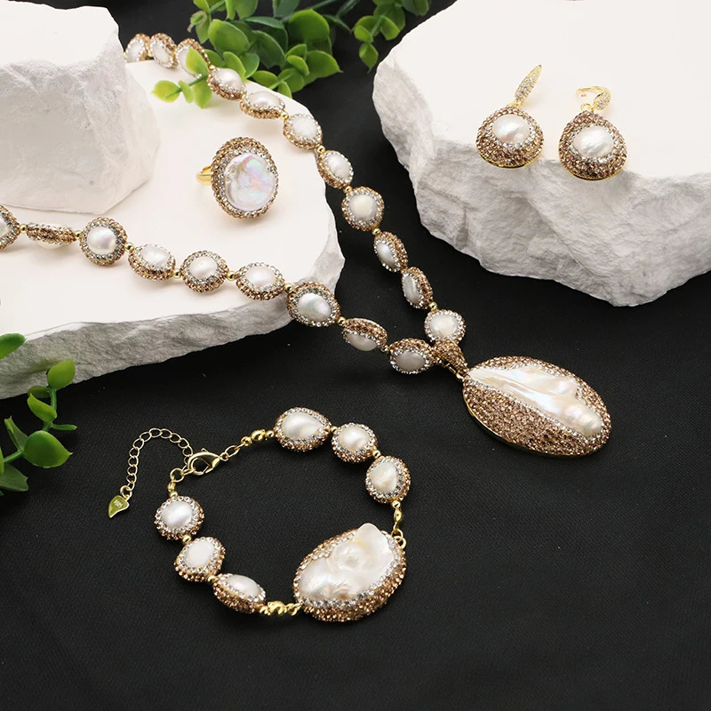 GLSEEVO Natural Baroque Pearl Womens Jewelry Necklace Bracelet Earring Set with Water Diamond Inlaid Dress Accessories 241115