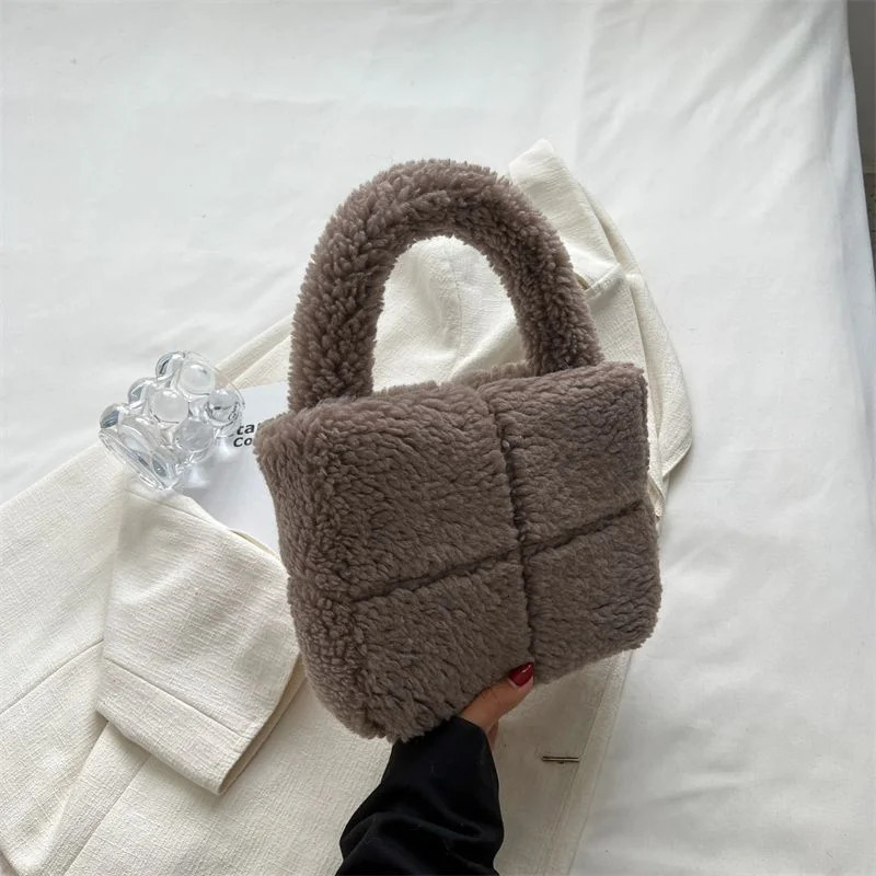 Square Bag Wool Bag Autumn/Winter Girl Fashion Retro Plush Bag Handbag Women Convenient Travel Bag White/Purple/Pink 241114