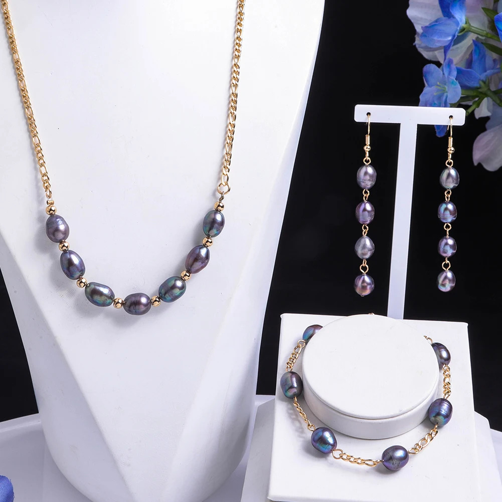 Cring Coco Womens Necklace Set Fashion Hawaiian Black Pearl Jewelry Set Freshwater Baroque Bracelet Earrings Jewelry Set 241115