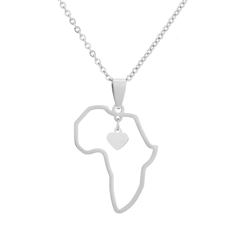 10PCS Africa Map with Small Heart Necklace African Religious Amulet Pendant Necklaces Stainless Steel Collar Choker