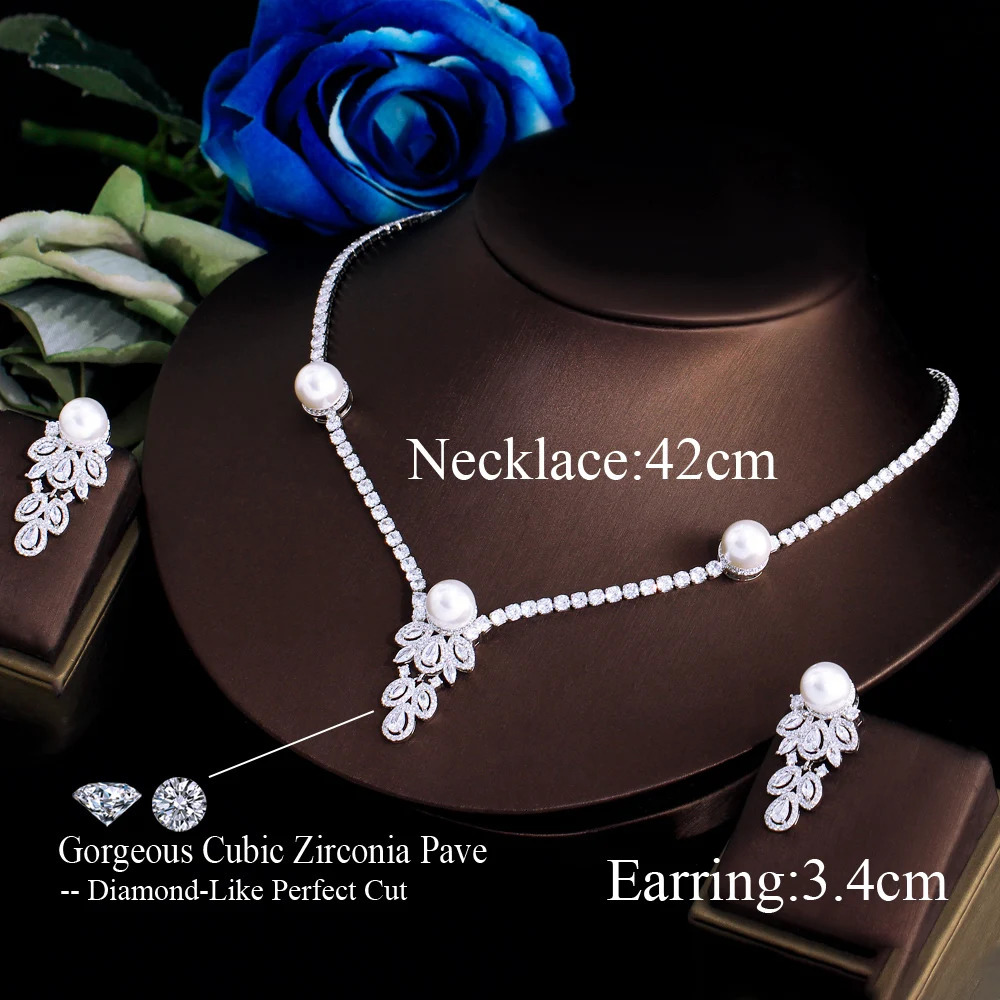 Three layer elegant and shiny cubic zirconia feather shaped simulated pearl earrings and necklaces party jewelry set 241115