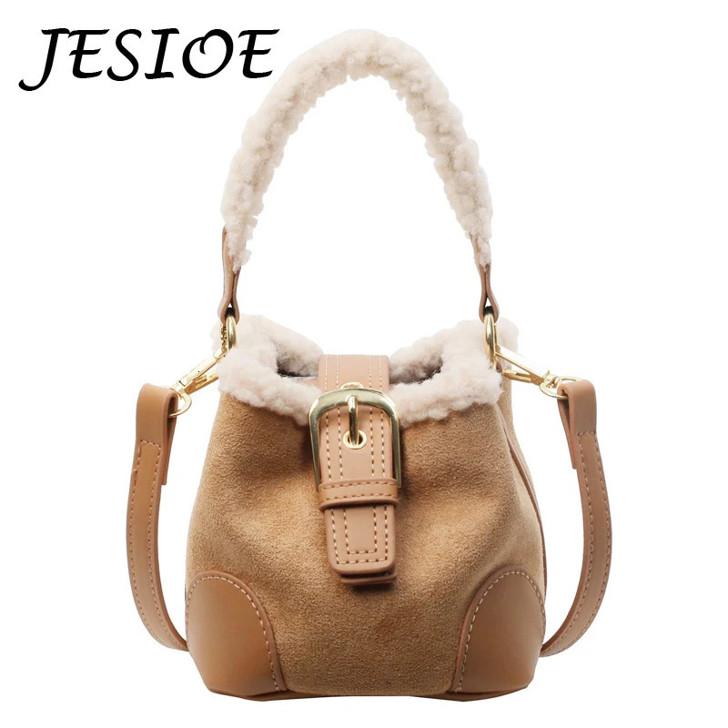 Lamb Wool Mini Vintage Suede Bucket Bag Women Maillard Retro Handbag for Ladies Faux Fur Shoulder Crossbody Bag Female Purses 241114
