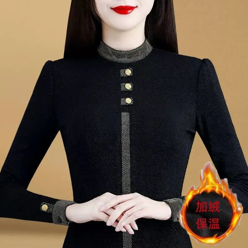 Autumn Winter Long Sleeve Patchwork Allmatch Bottoming Shirt Temperament Thick Slim T Tops Vintage Fashion Women Clothing 241115