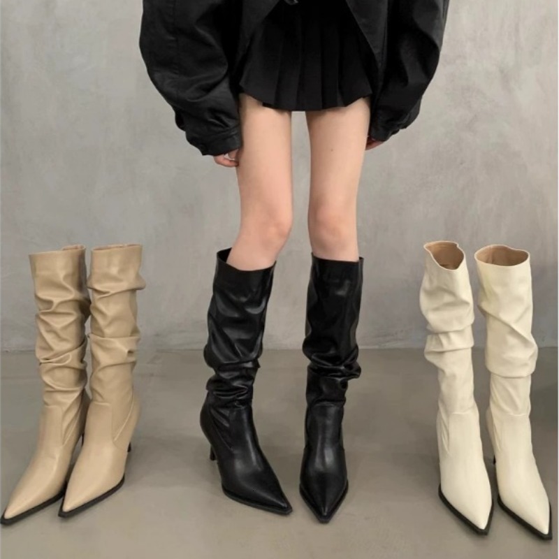 Pointed Pleated For Women In Autumn 2024 Trendy Thin Stacked High Heel Below Knee Long Barrel Boots