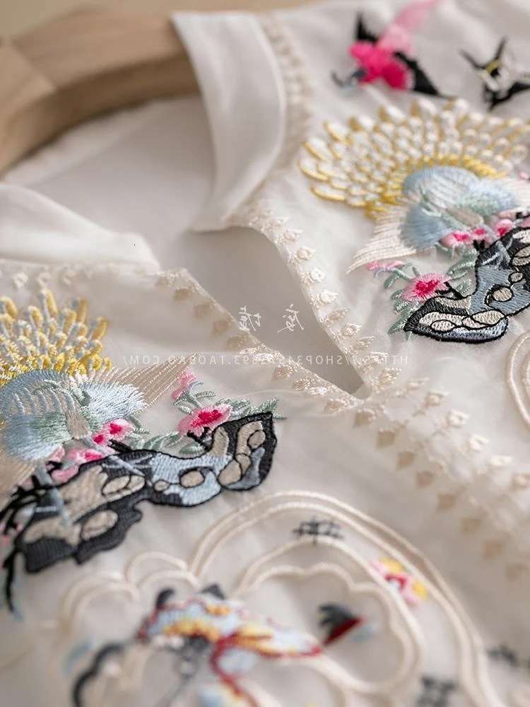 Chinese Style Embroidery Chiffon Dress National Art Chic Women Summer White Loose Casual Ethereal Pleated Long Dresses 240415