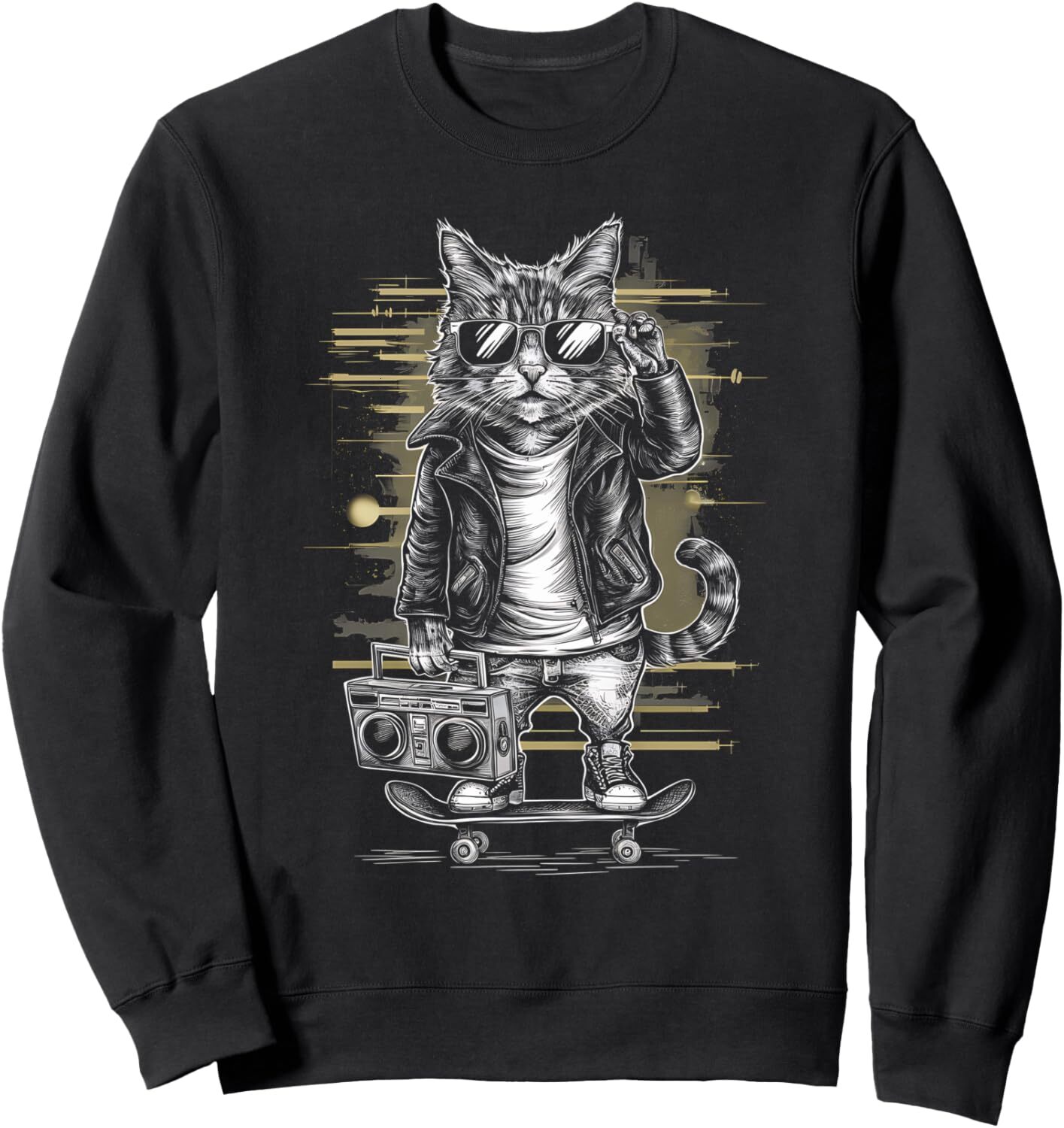 Long Sleeve Shirts for Men sweatshirt Skateboarding Cat Headphones Retro Vintage Urban Streetwear Sweatshirt T shirt Tee Streetwear Casual tops clothe