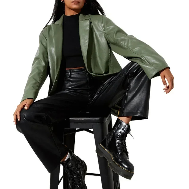 Ladies Vintage Faux PU Leather Blazer Women Jacket Coat Long Sleeve Flap Pockets Streetwear Female Veste Femme 241115
