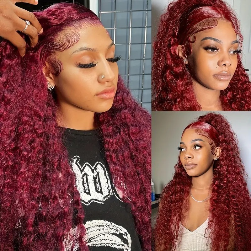 Fashionable wine red wig hot selling front lace small winding tube afro synthetic wig