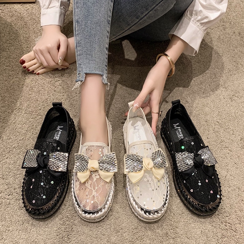 2024 Summer New Women's Sandals Thick Bottom Soft Hollow Mesh Flat Shoes Water Diamond Bow Breathable Sports Shoes Luxury Shining Casual Shoes De