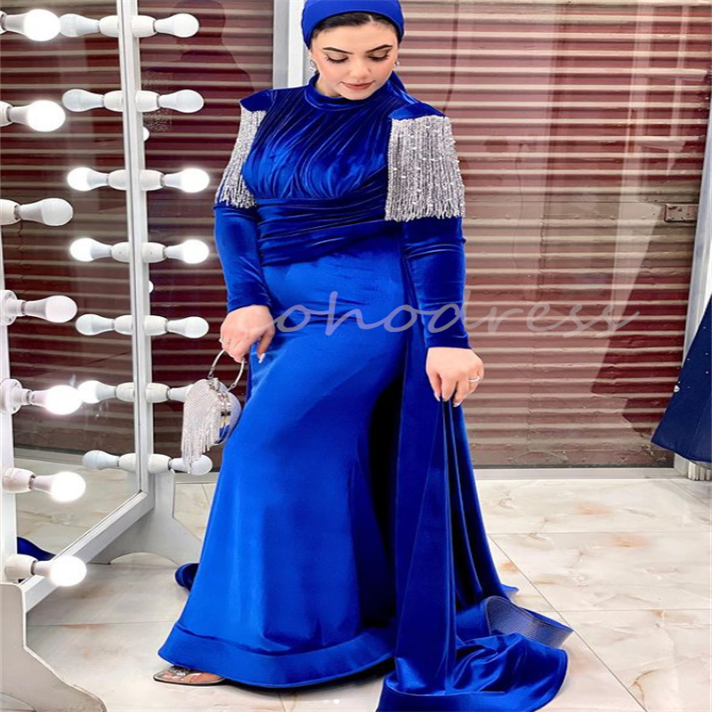 Gorgeous Royal Blue Arabia Evening Dress With Beaded Tassel Elegant Plus Size Mermaid Prom Dress Velvet Muslim Abaya Formal Occasion Dress vestidos de