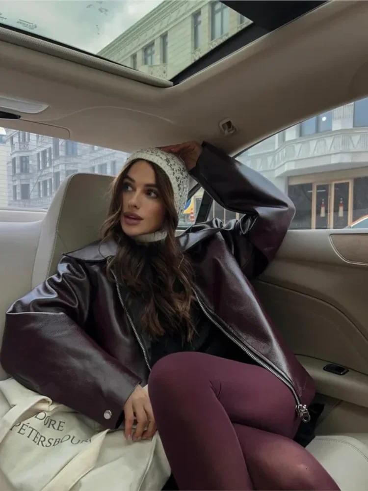 Women Lapel Long Sleeved Short Leather Jacket Cool Girl Slim Chery Red Cropped Coat 2024 Fashion Lady Street Party Outwears 241115