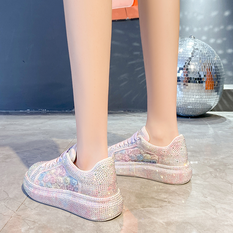 2025 Autumn Women's Shoes New Fashionable Pink Thick soled Shoes Designer Sports Shoes Luxury Flat Shoes Fashionable Shining Water Diamond Shoes