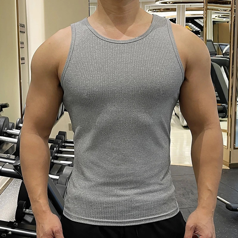 Mens Ribbed Knit Tank Tops Casual Solid Vests Sport Fitness Gym Fashion Skinny Ribber Tanktop Slim Knitted Vest Summer 240415
