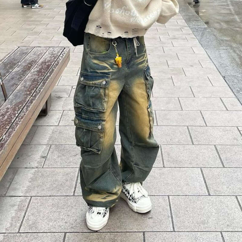 Y2k Hip Hop Retro Streetwear Mens Jeans Distressed Faded Washed Oversized Pockets Loose Cargo High Street Wide Leg Pants