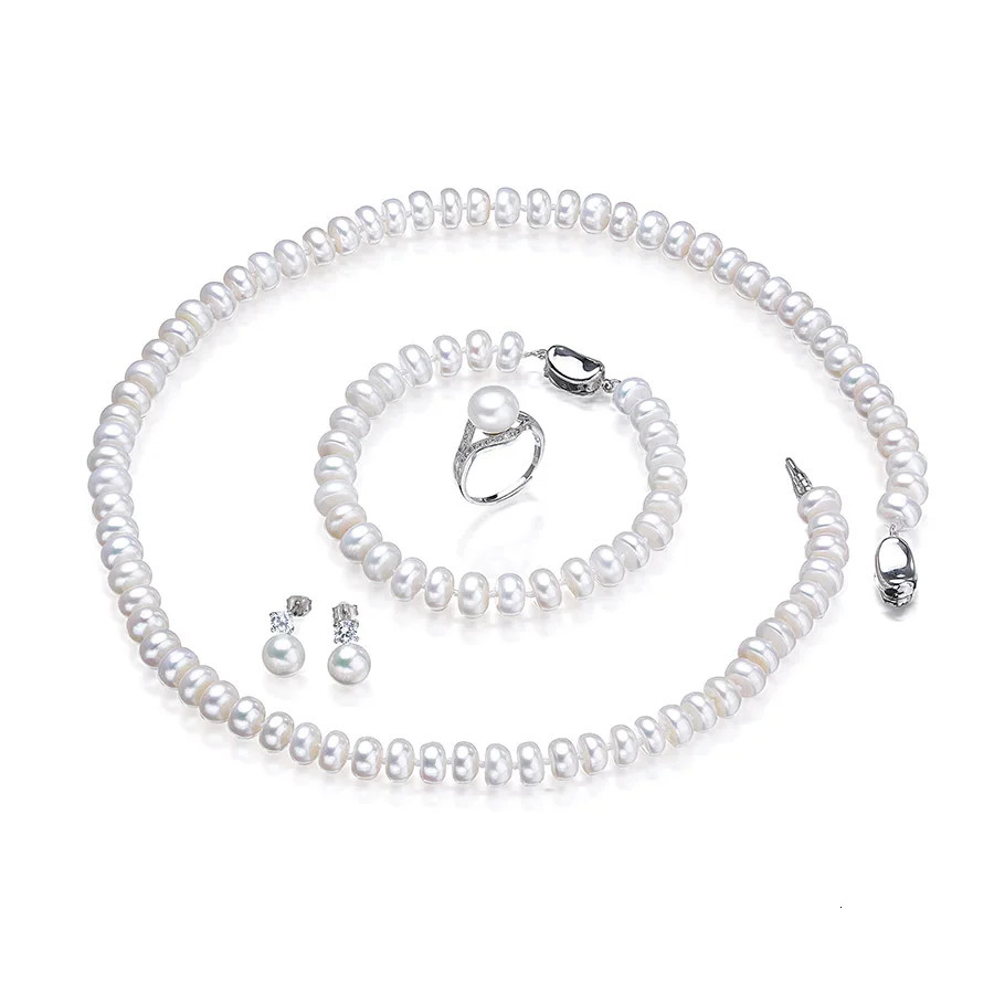Dainashi Fashion 925 sterling silver womens wedding jewelry set real white natural freshwater pearl 7-8mm bread round 241115
