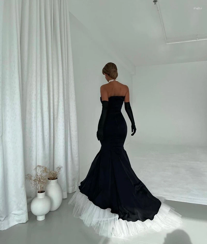 Party Dresses Black Mermaid Arabic Evening Long Sleeves Women Prom Dress Tiered Tulle Formal Pageant Gowns Outfit
