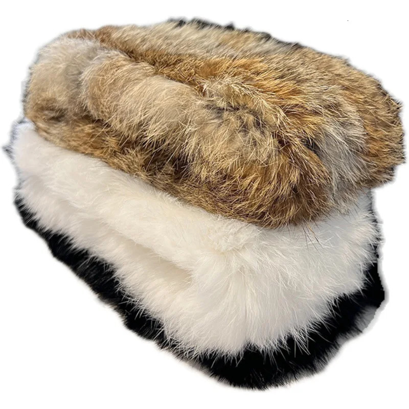 Womens Hand-Knitted Real Rabbit Fur Headband Knitted Fur Scarf Warm Empty Top Plush Hat Autumn and Winter Jewelry Accessories 241115