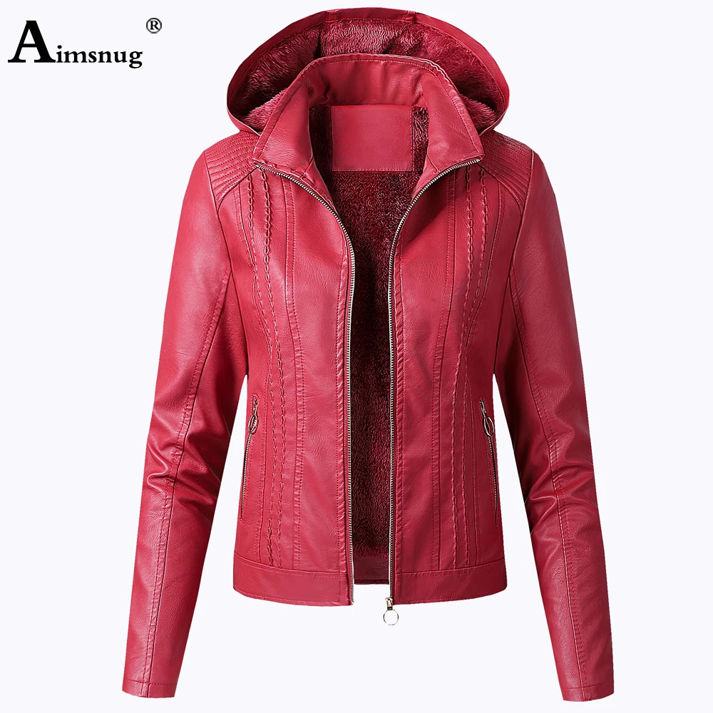 Women Faux Pu Leather Jackets Autumn Winter Hooded Outerwear Pockets Zipper Coat Slim Biker Jacket Blue Hoodies Plus Velvet 241114