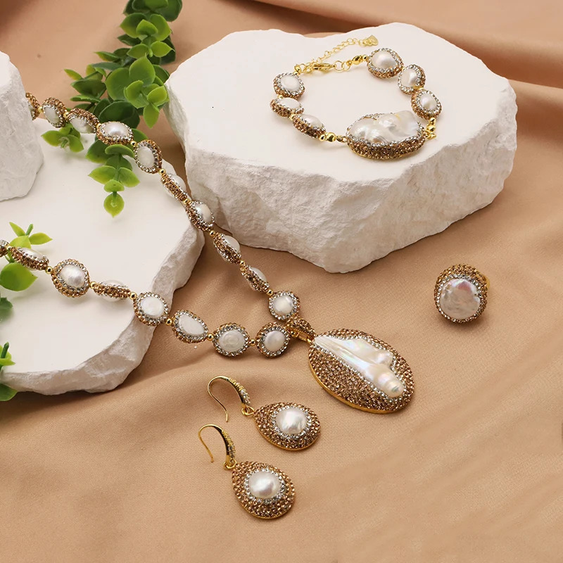 GLSEEVO Natural Baroque Pearl Womens Jewelry Necklace Bracelet Earring Set with Water Diamond Inlaid Dress Accessories 241115