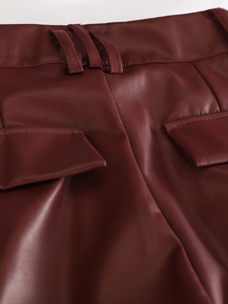 IEQJ High Street Pu Leather Straight Pants Womens Waist Medium Length Fashion Autumn Clothing 3WM2094 241115