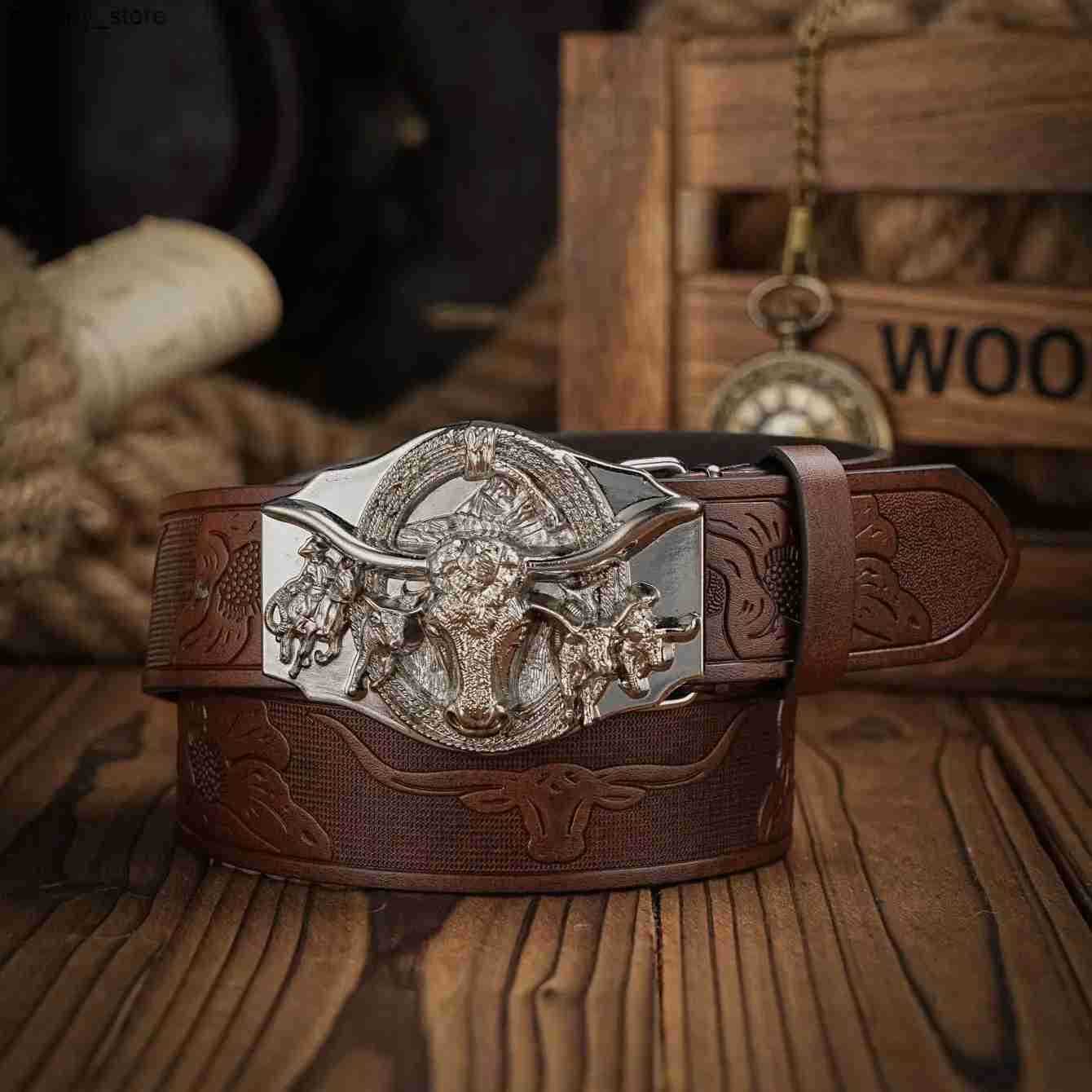 Belts Western Cowboy PU Leather Belt - Men Waist Strap Bull Decoration Floral Engraved for Jeans L240910