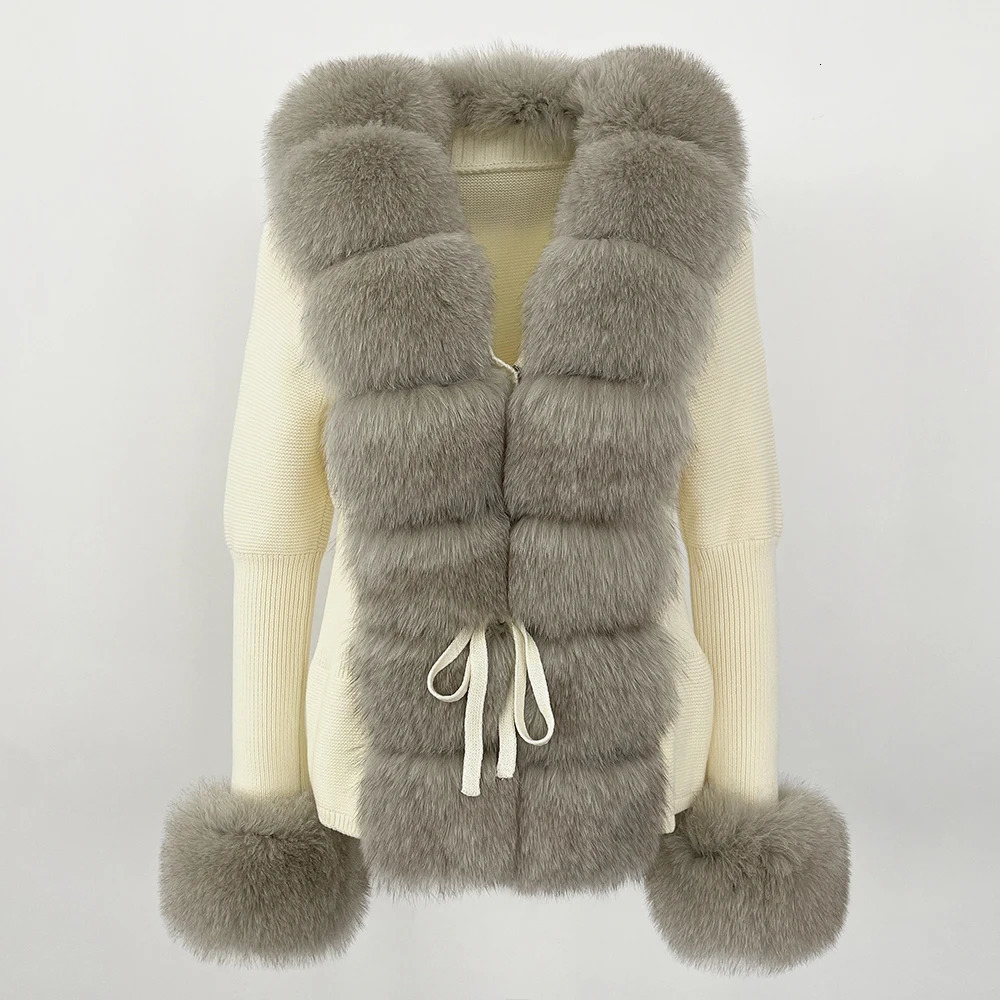 Bandage Fur Cardigan Detachable Collar Jacket Coat Patchwork Knitted Sweater Autumnwinter Womens 241115