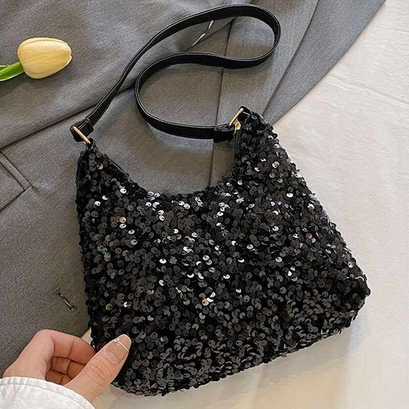 Chic Sequin Crossbody Bag for Women Versatile Nylon Shoulder Purse with Adjustable Strap, Zip Closure - Black