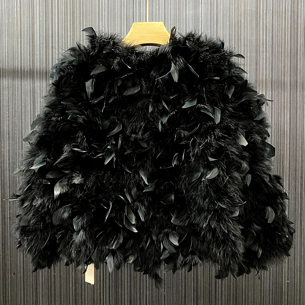 Womens Oriental Feather Jacket Womens Winter Warm Natural Fluffy Fur Coat Fashion Long Sleeve Coat 241115