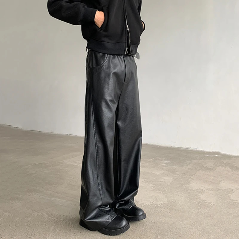 IEFB American style mens casual Pu leather solid color straight wide leg street Trouser personalized 9C8060 241115