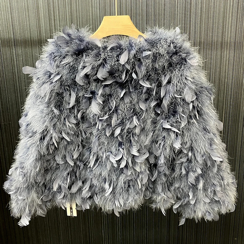 Womens Oriental Feather Jacket Womens Winter Warm Natural Fluffy Fur Coat Fashion Long Sleeve Coat 241115