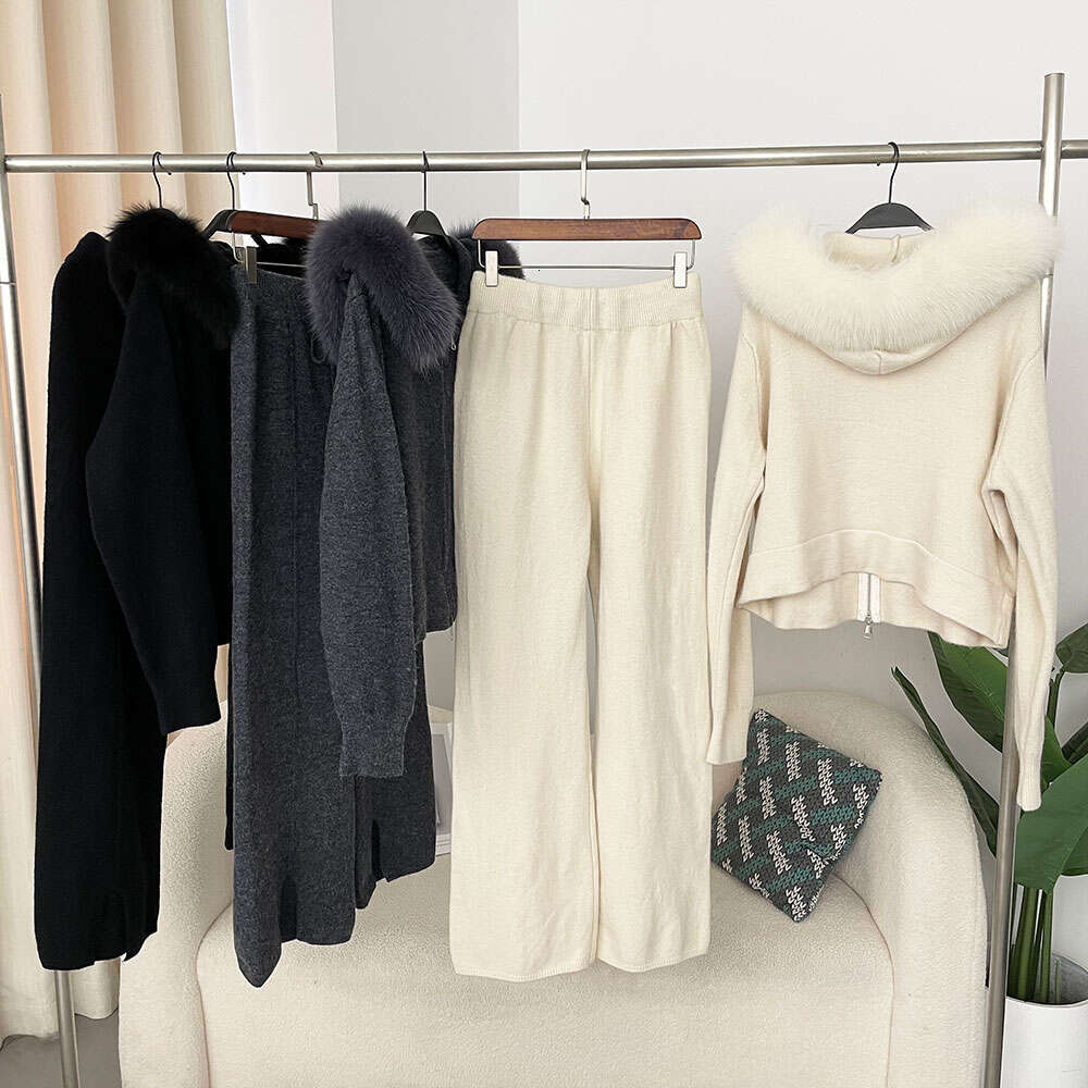 Knitwear Trousers Hooded Jacket 2024 Autumn And Winter Fashionable Sweater Suit Women Detachable Fox Collar Fur Coat