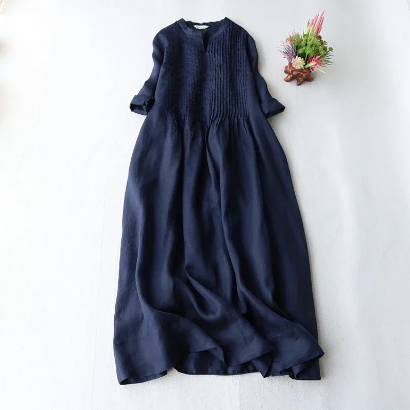 Summer Autumn Stand Collar Cotton Linen Folds Robe Female 34 Sleeve Loose Casual Fashion Vestidos Womens Solid Color Dress 240415