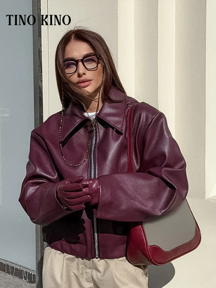Locomotive Lapel Leather Jacket Women Wine Red Long Sleeve Zipper Pleated Pu Bomber Coat 2024 Autumn High Street Lady Outwears 241115
