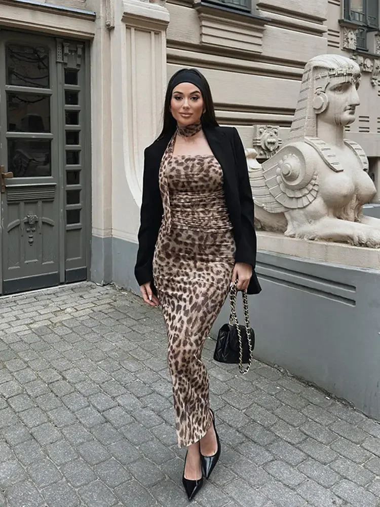 Fashion Leopard Print Maxi Skirt Suits For Women Sexy Off Shoulder Halter Pleated Tops Sets Chic Female Night Party Outfits 240415