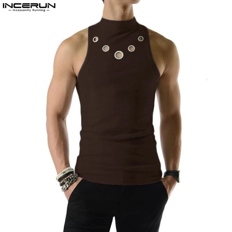INCERUN Fashion Men Tank Tops Hollow Out Solid Turtleneck Sleeveless Male Vests Streetwear Summer Casual Clothing S5XL 240415
