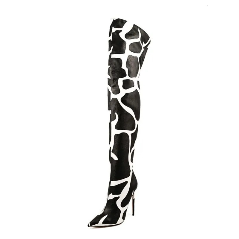 European And American Style Super Heels Women's Sexy Gradient Color Leopard Print Back Zipper Slim Fit Knee High Boots