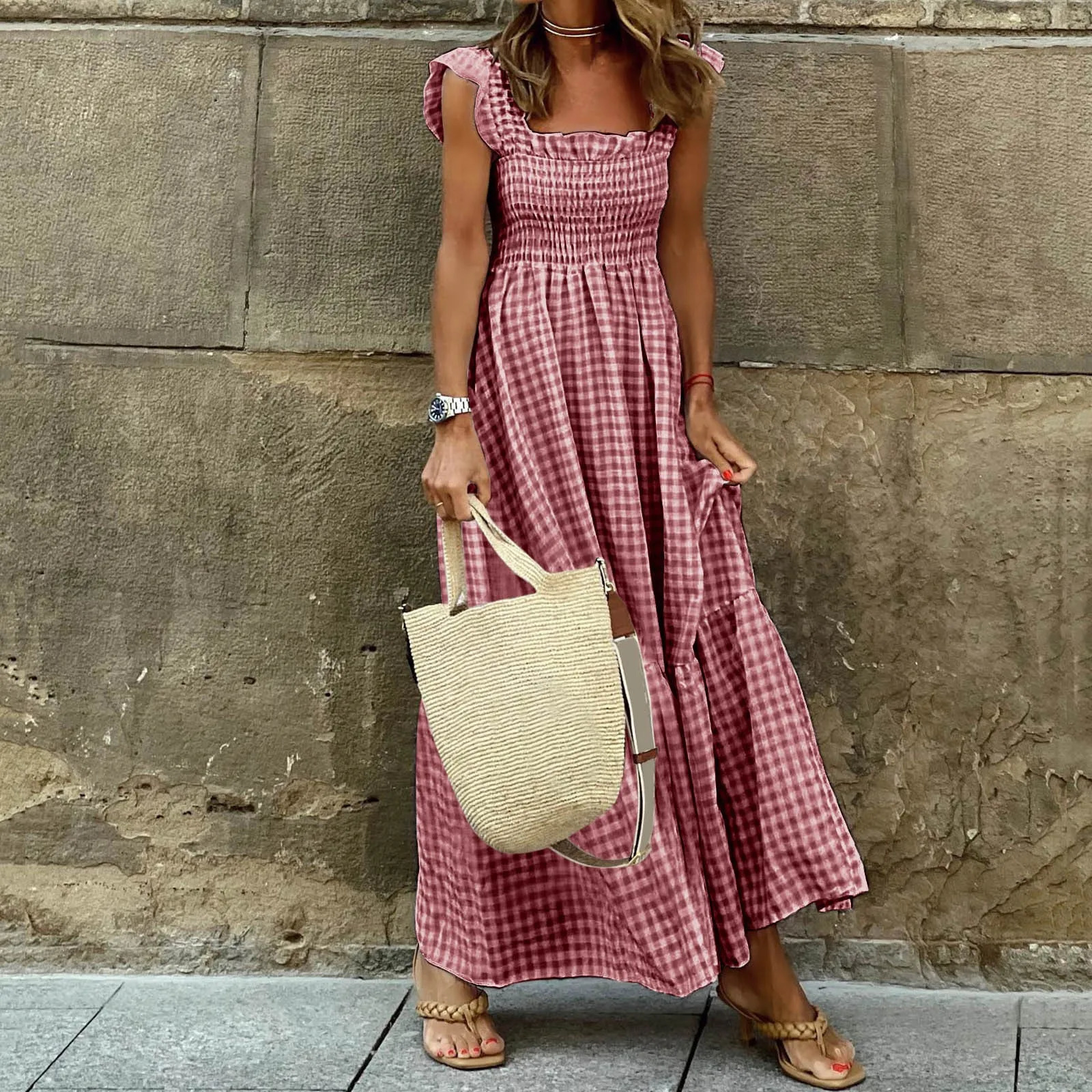 LadieS Dress Summer Sleeveless Crew V Neck Smocked Flowy Tiered A Line Midi Dresses With High Waist Woman Clothing 240419