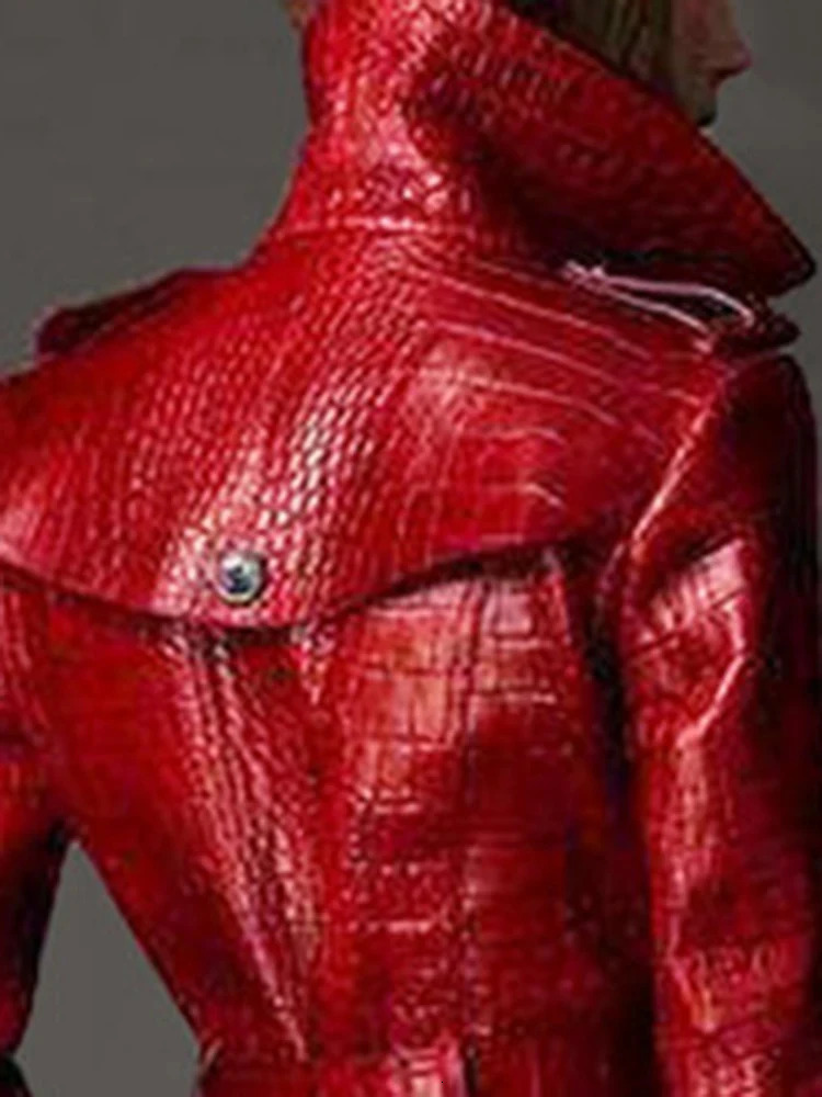 Lautaro Autumn Long Red Print Leather Trench Coat for Women Belt Double Breasted Elegant British Style Fashion 241115