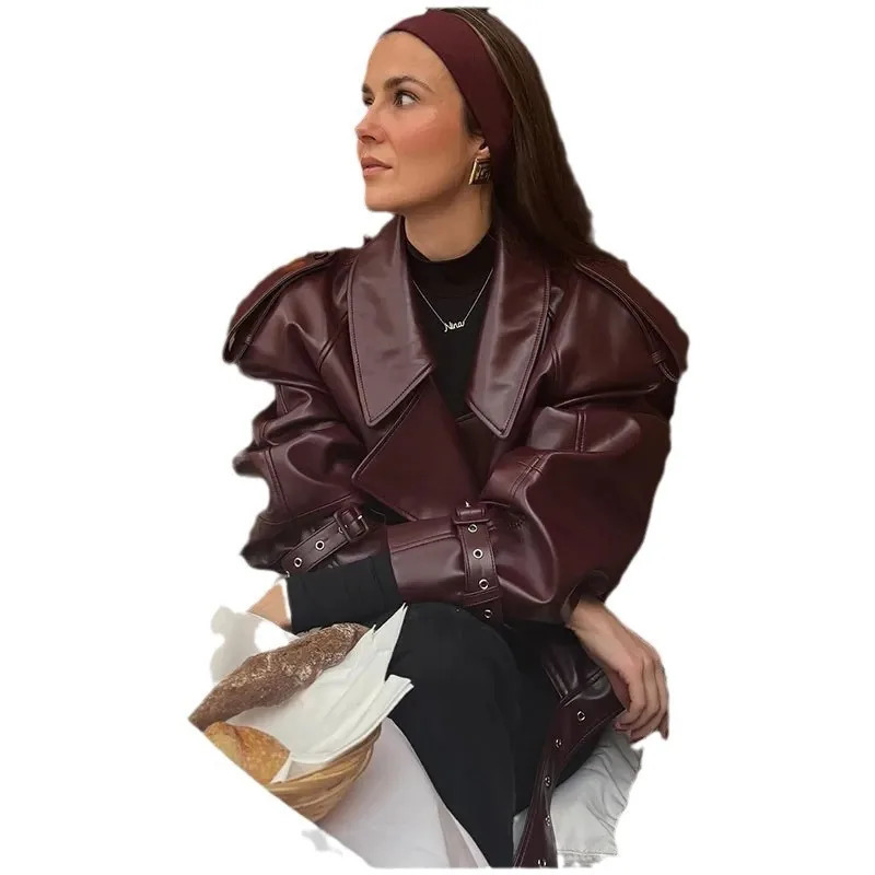 EWQ American Vintage Long Sleeve Short PU Leather Jacket Moto Style Bury Women Biker Coats 2024 Autumn Fashion 16O2287 241115