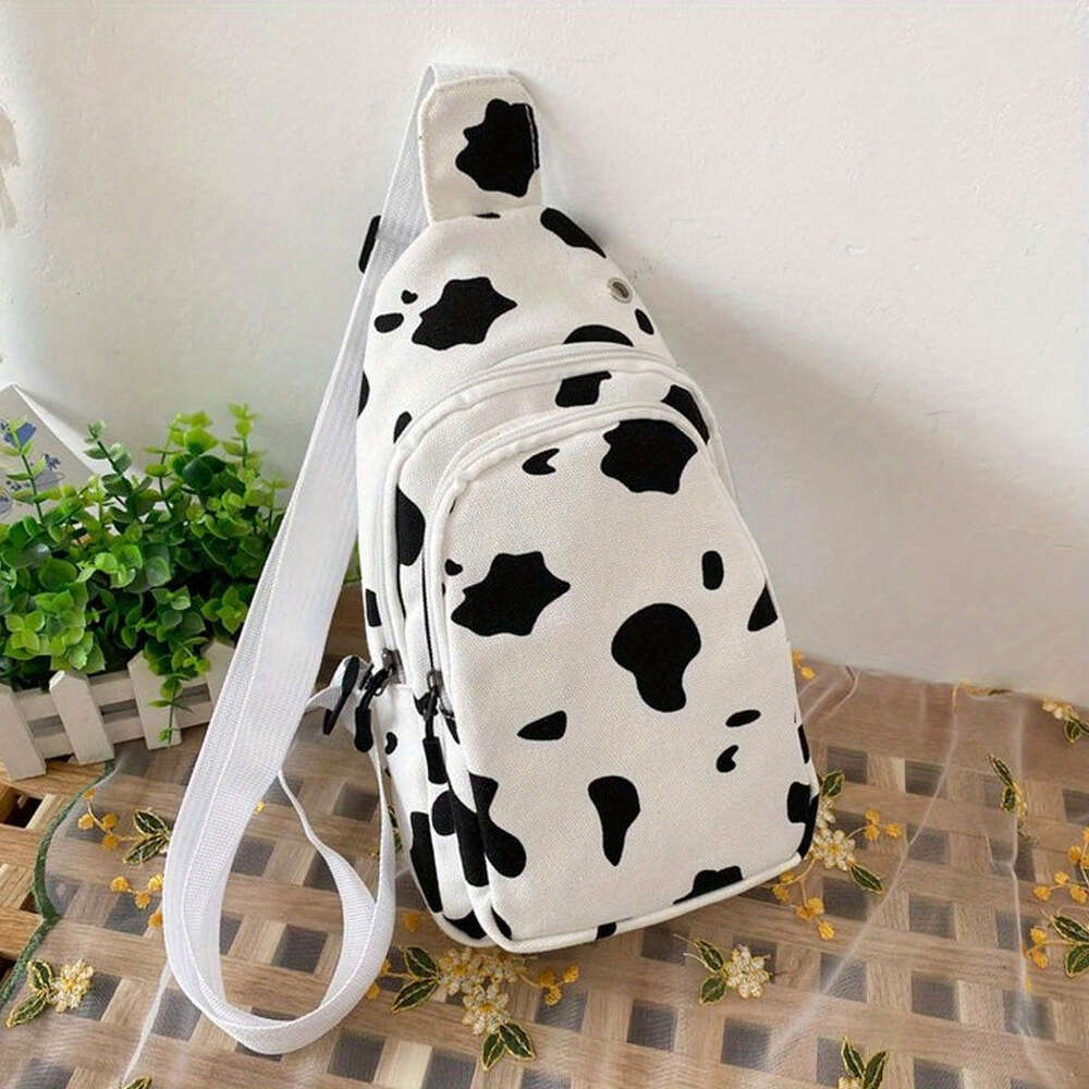 Chic Cow Print Canvas Sg Bag - Cute Cartoon Crossbody Chest Pack Women, Perfect for Outdoor Sports & Travel