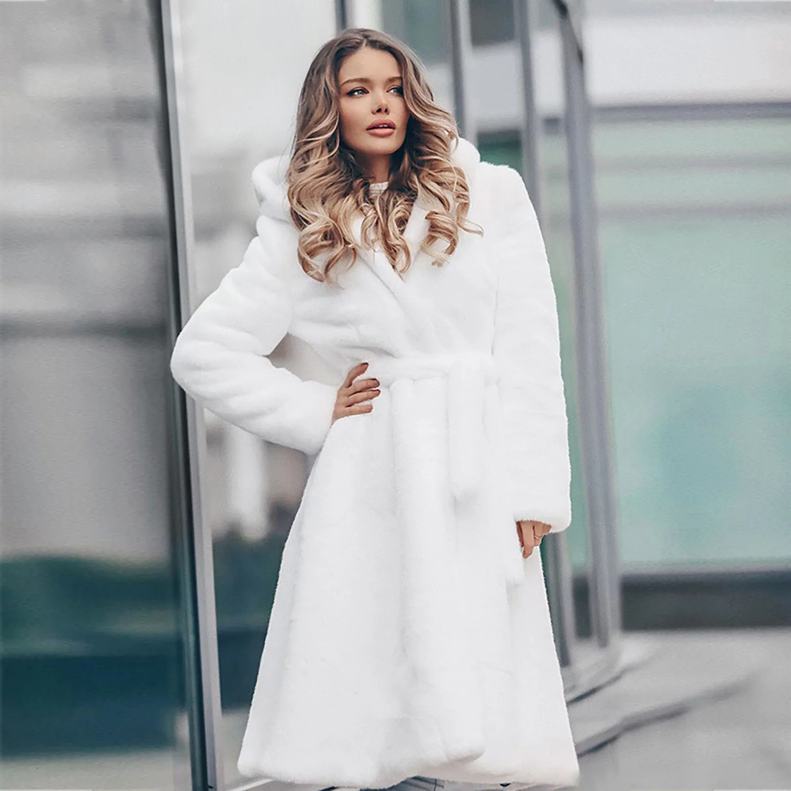 White Belted Faux Fur Coat Women Winter Clothes Hooded Fluffy Jacket with Belt Long Plush Coats Thick Warm Slim Furry Overcoats 241115