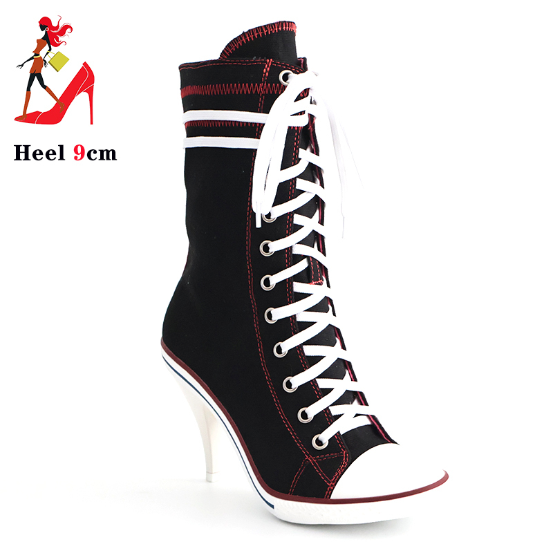 2024 Women Boots Design Stiletto High Canvas Fashion Lady Lace Up Pointed Ankle Shoes Sexy High-Heeled Thin Heel Boot